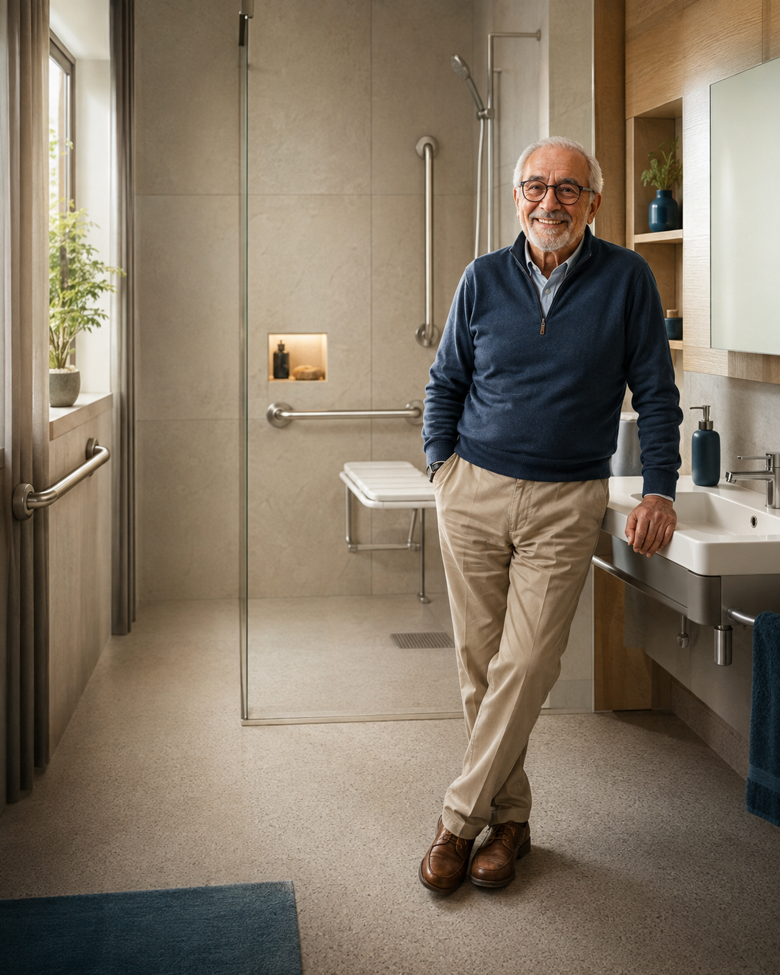 Anziano sorridente in un bagno accessibile con doccia a filo pavimento, seduta e maniglioni
