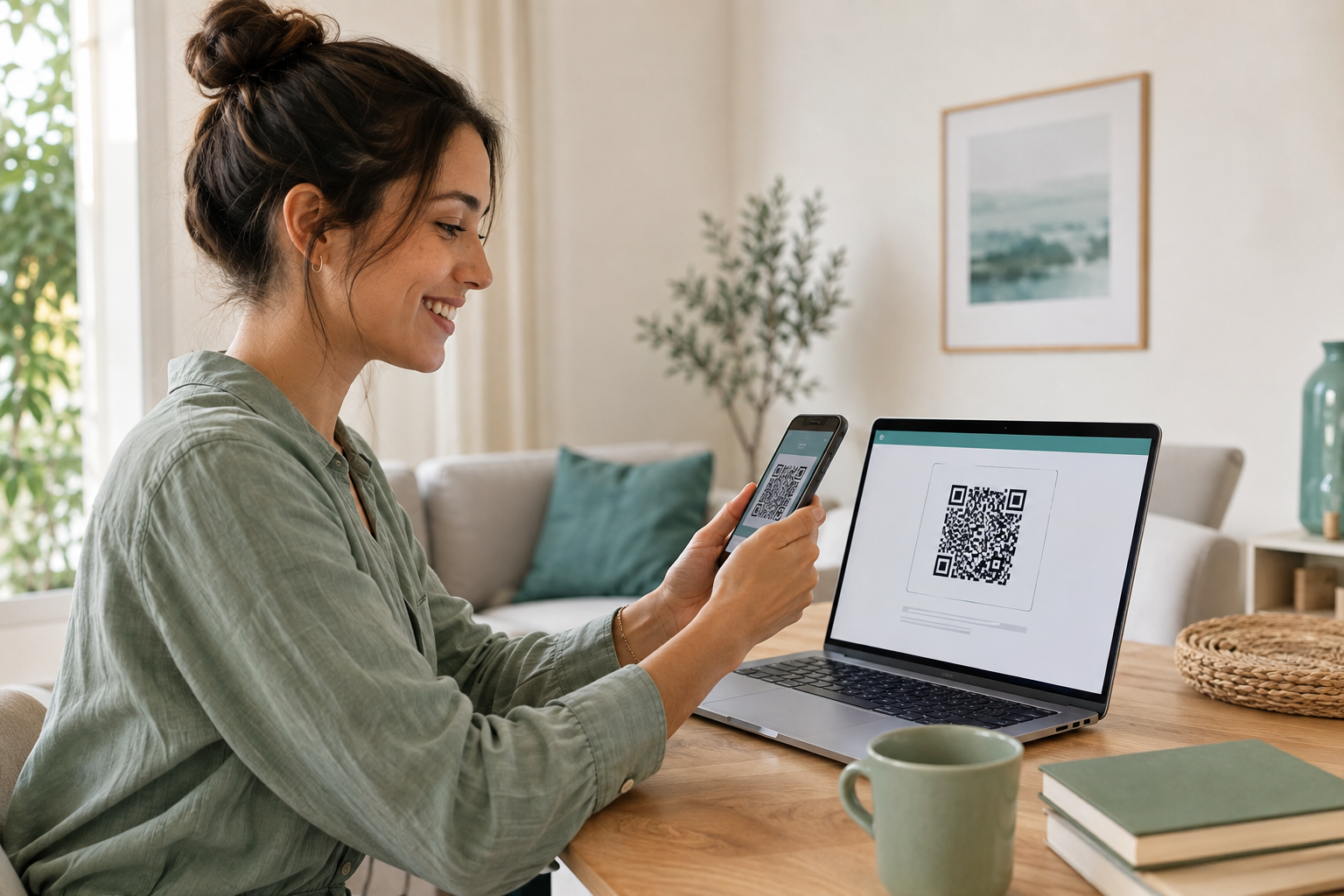 Ragazza sorridente che apre Agenzia81 sul telefono inquadrando il QR code mostrato sul computer portatile